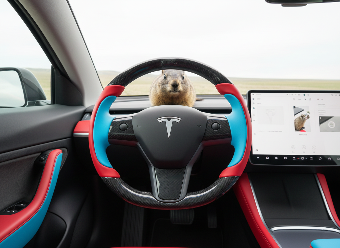 Red and bright blue Carbon Fiber Tesla Model Y Steering Wheel-Track Master(2020-2024) Axeco