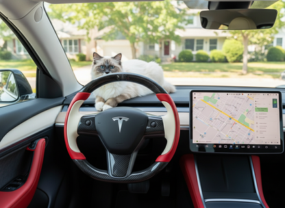 Red and off-white Carbon Fiber Tesla Model Y Steering Wheel-Track Master(2020-2024) Axeco