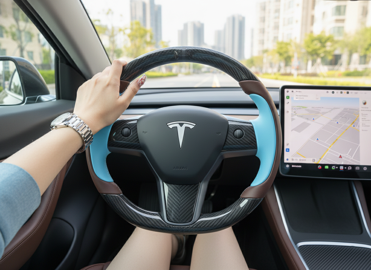 Dark brown and light blue Carbon Fiber Tesla Model Y Steering Wheel-Track Master(2020-2024) Axeco