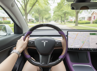 Purple and light brown Carbon Fiber Tesla Model Y Steering Wheel-Track Master(2020-2024) Axeco