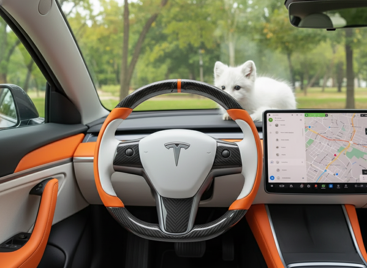 Orange-While Tesla Model 3 Carbon Fiber Steering Wheel-Track Master(2017-2023.8) Axeco