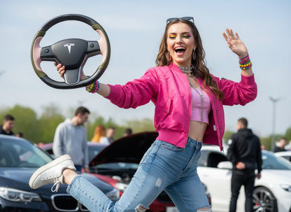 Olive green and soft pink Carbon Fiber Tesla model 3 Steering Wheel -Track Master(2023.9+) Axeco