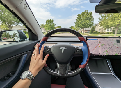 Wine red and blue Carbon Fiber Tesla Model Y Steering Wheel-Track Master(2020-2024) Axeco