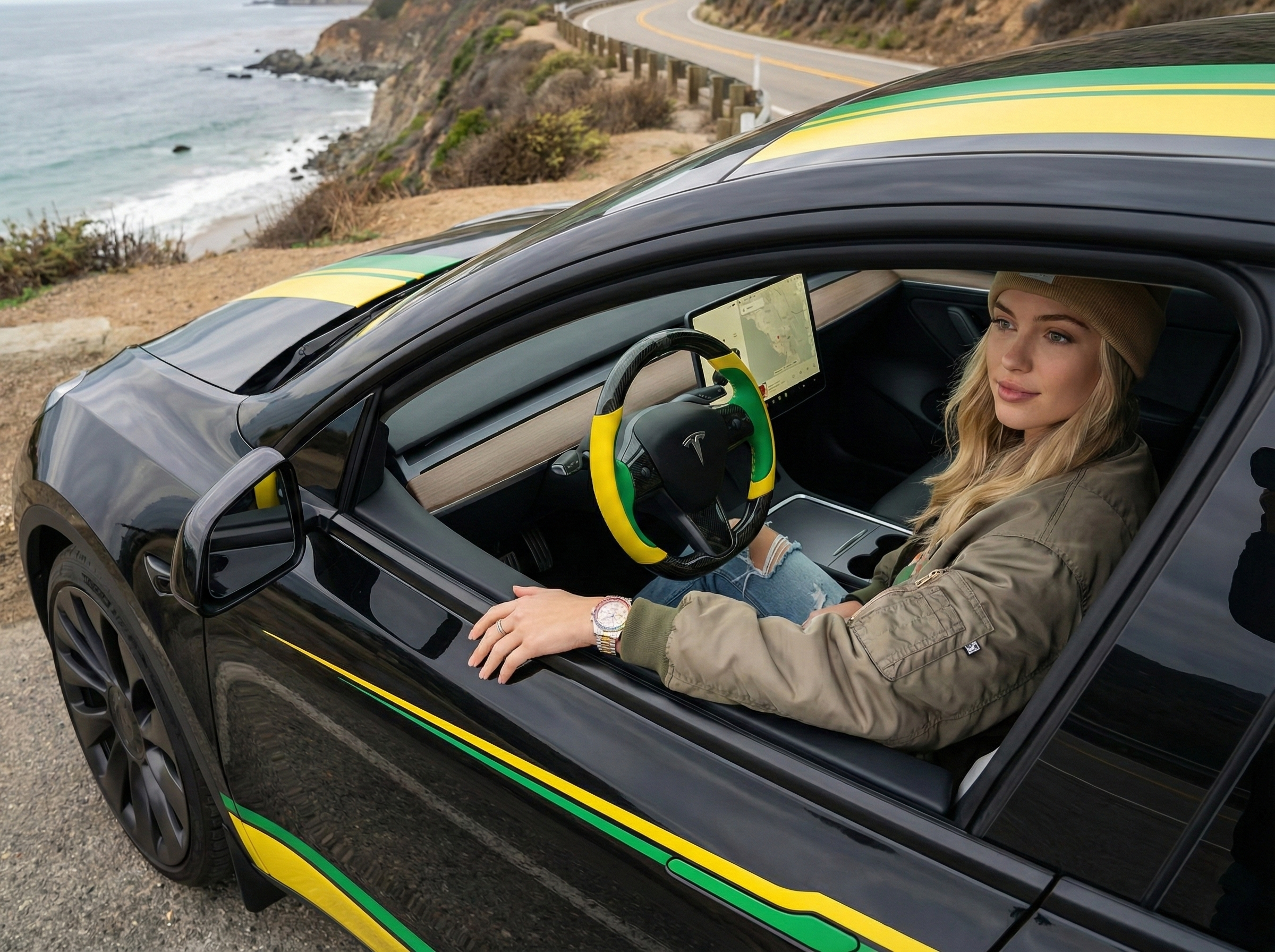 Bright yellow and emerald green Carbon Fiber Tesla Model Y Steering Wheel-Track Master(2020-2024) Axeco