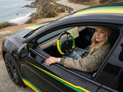 Bright yellow and emerald green Carbon Fiber Tesla Model Y Steering Wheel-Track Master(2020-2024) Axeco