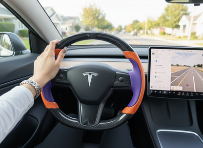 Bright orange and deep purple Carbon Fiber Tesla model 3 Steering Wheel -Track Master(2023.9+) Axeco