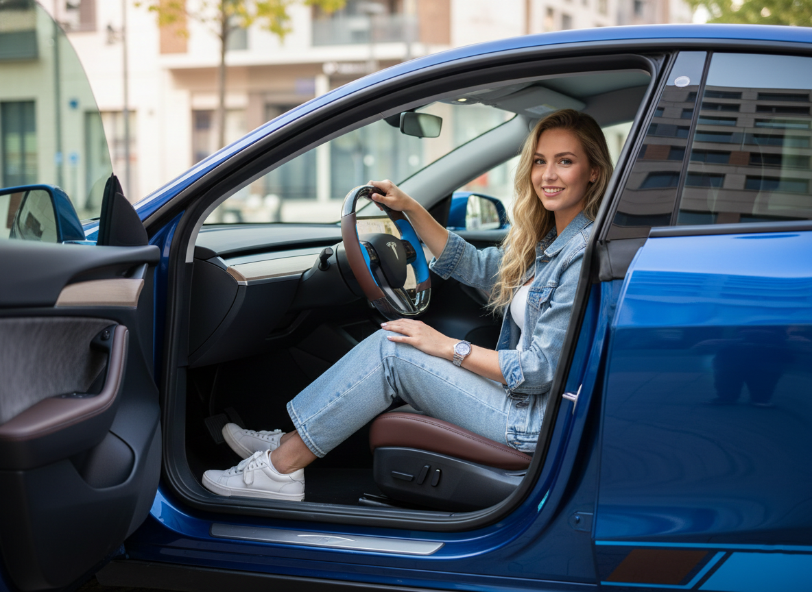 Dark brown and bright blue Carbon Fiber Tesla Model Y Steering Wheel-Track Master(2020-2024) Axeco