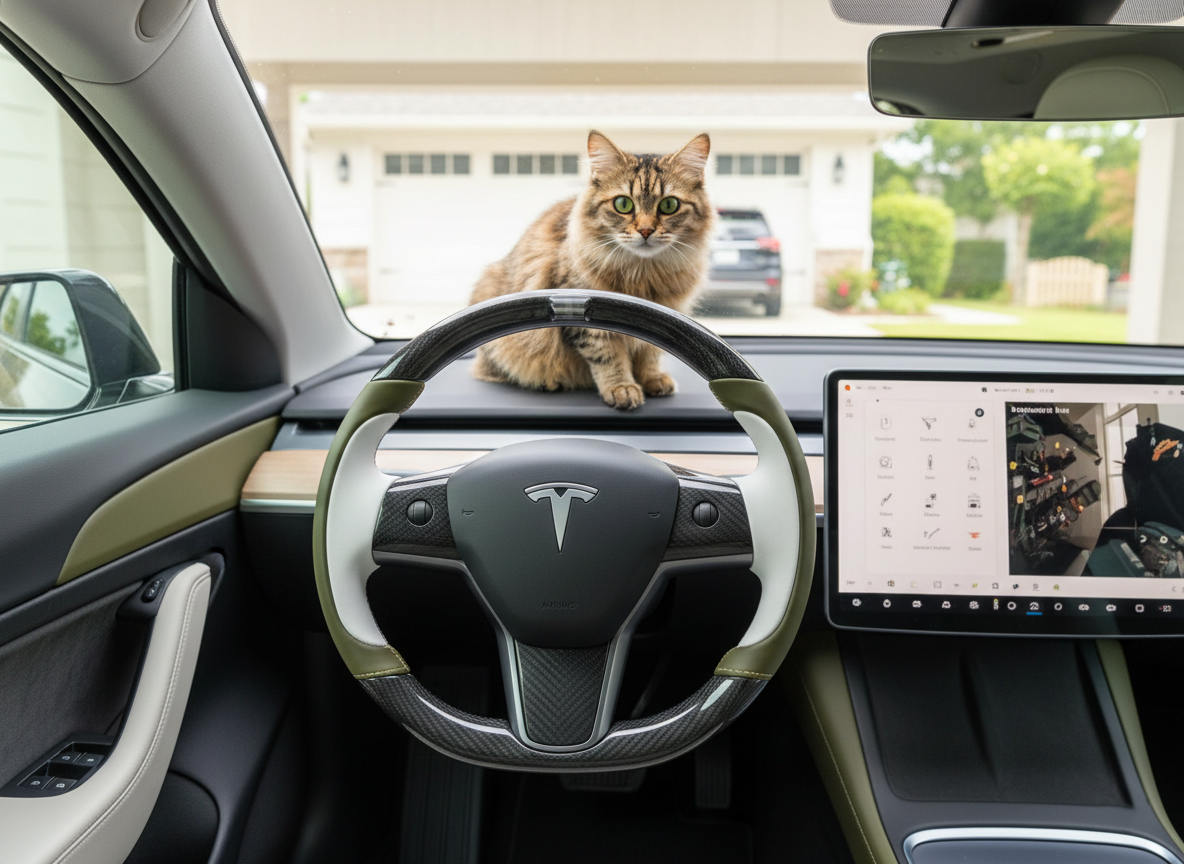 Olive green and white Carbon Fiber Tesla Model Y Steering Wheel-Track Master(2020-2024) Axeco