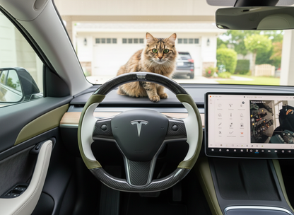 Olive green and white Carbon Fiber Tesla Model Y Steering Wheel-Track Master(2020-2024) Axeco