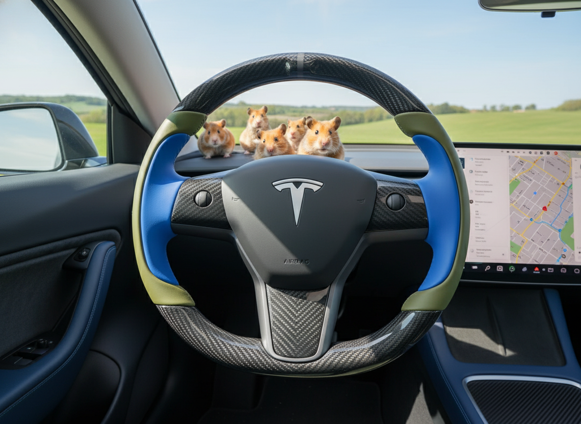 Bright blue and olive green Carbon Fiber Tesla Model Y Steering Wheel-Track Master(2020-2024) Axeco