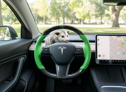 Green Leather Carbon Fiber Tesla Model 3 Steering Wheel - Track Master (2017-2023.8) Axeco