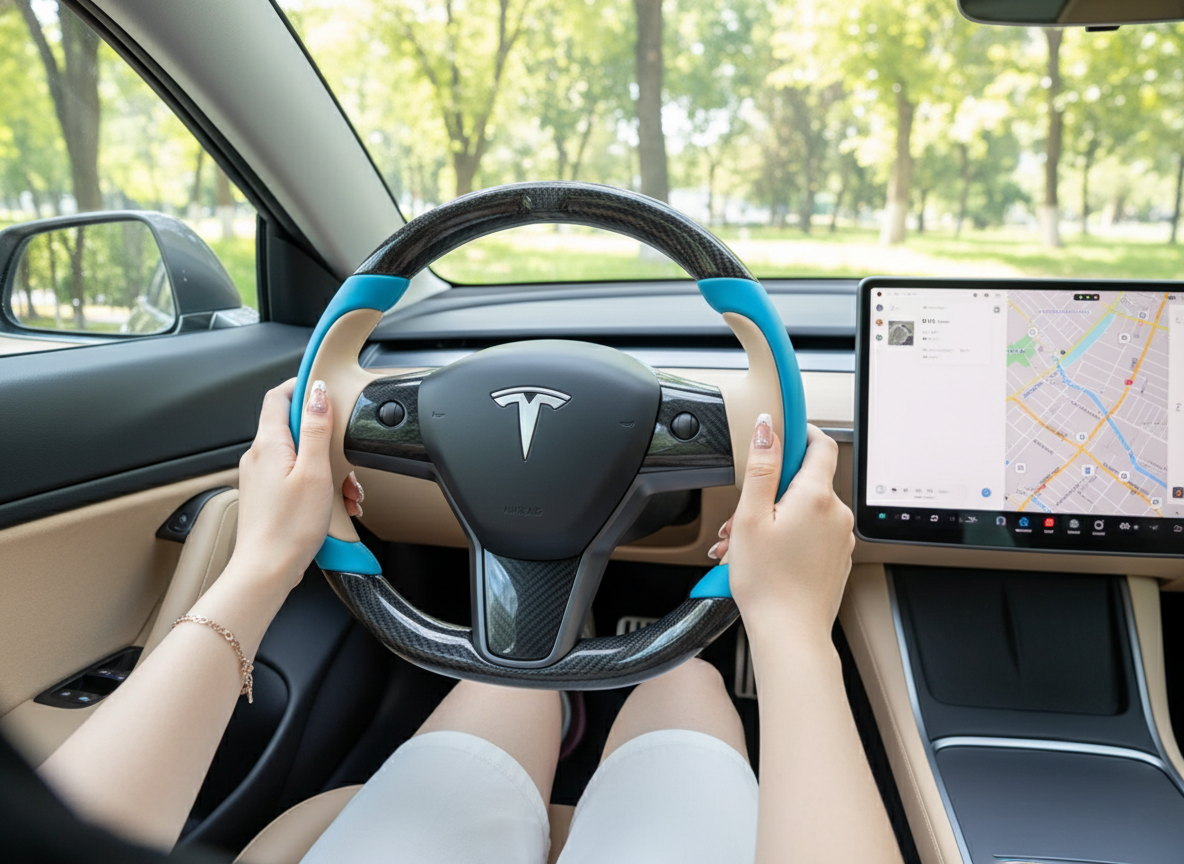 Blue and beige Carbon Fiber Tesla model 3 Steering Wheel -Track Master(2023.9+) Axeco