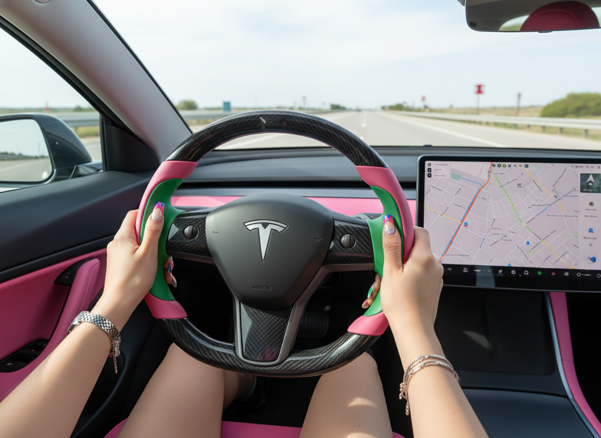 Soft pink and emerald green Carbon Fiber Tesla model 3 Steering Wheel -Track Master(2023.9+) Axeco