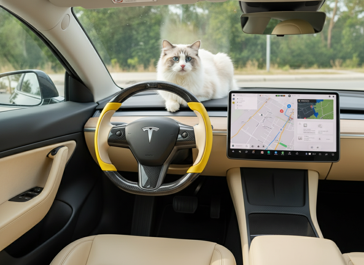 Bright yellow and light beige Carbon Fiber Tesla model 3 Steering Wheel -Track Master(2023.9+) Axeco