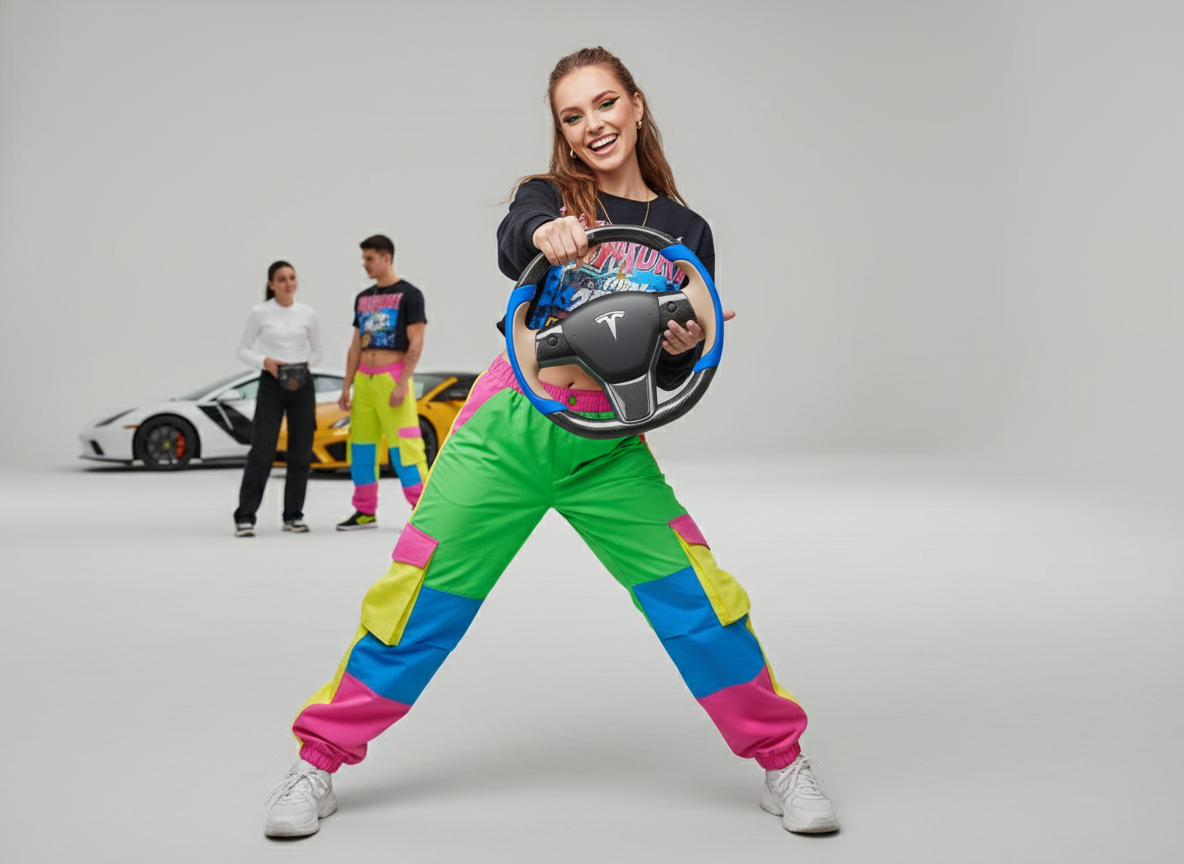 Bright blue and light brown Carbon Fiber Tesla Model Y Steering Wheel-Track Master(2020-2024) Axeco