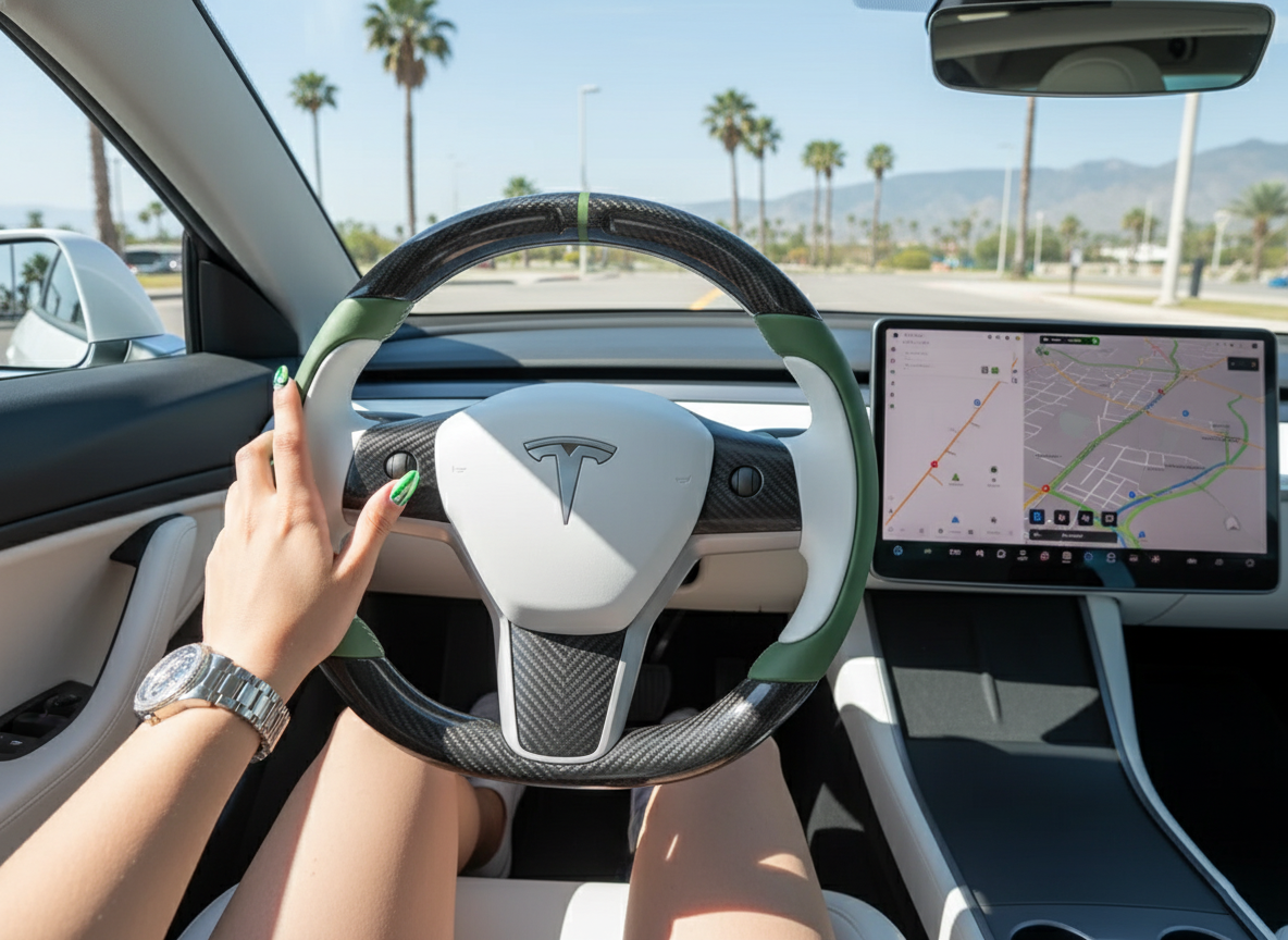 White-Green Tesla Model 3 Carbon Fiber Steering Wheel-Track Master(2017-2023.8) Axeco