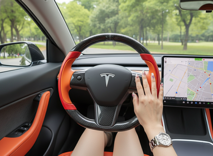 Red and Orange Carbon Fiber Tesla Model Y Steering Wheel-Track Master(2020-2024) Axeco