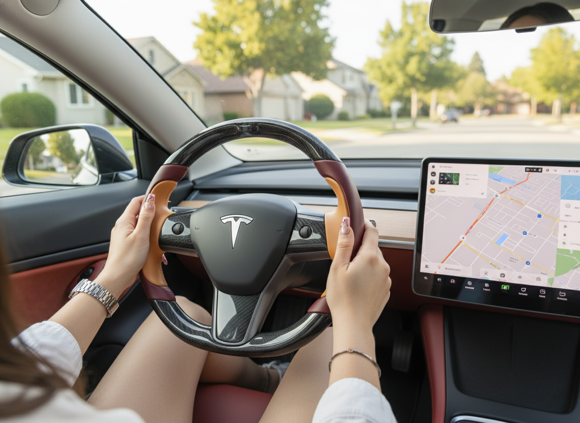 Wine red and warm orange Carbon Fiber Tesla model 3 Steering Wheel -Track Master(2023.9+) Axeco