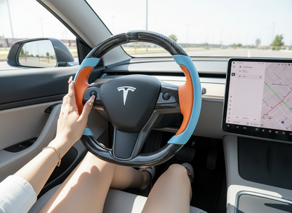 Light blue and bright orange Carbon Fiber Tesla model 3 Steering Wheel -Track Master(2023.9+) Axeco