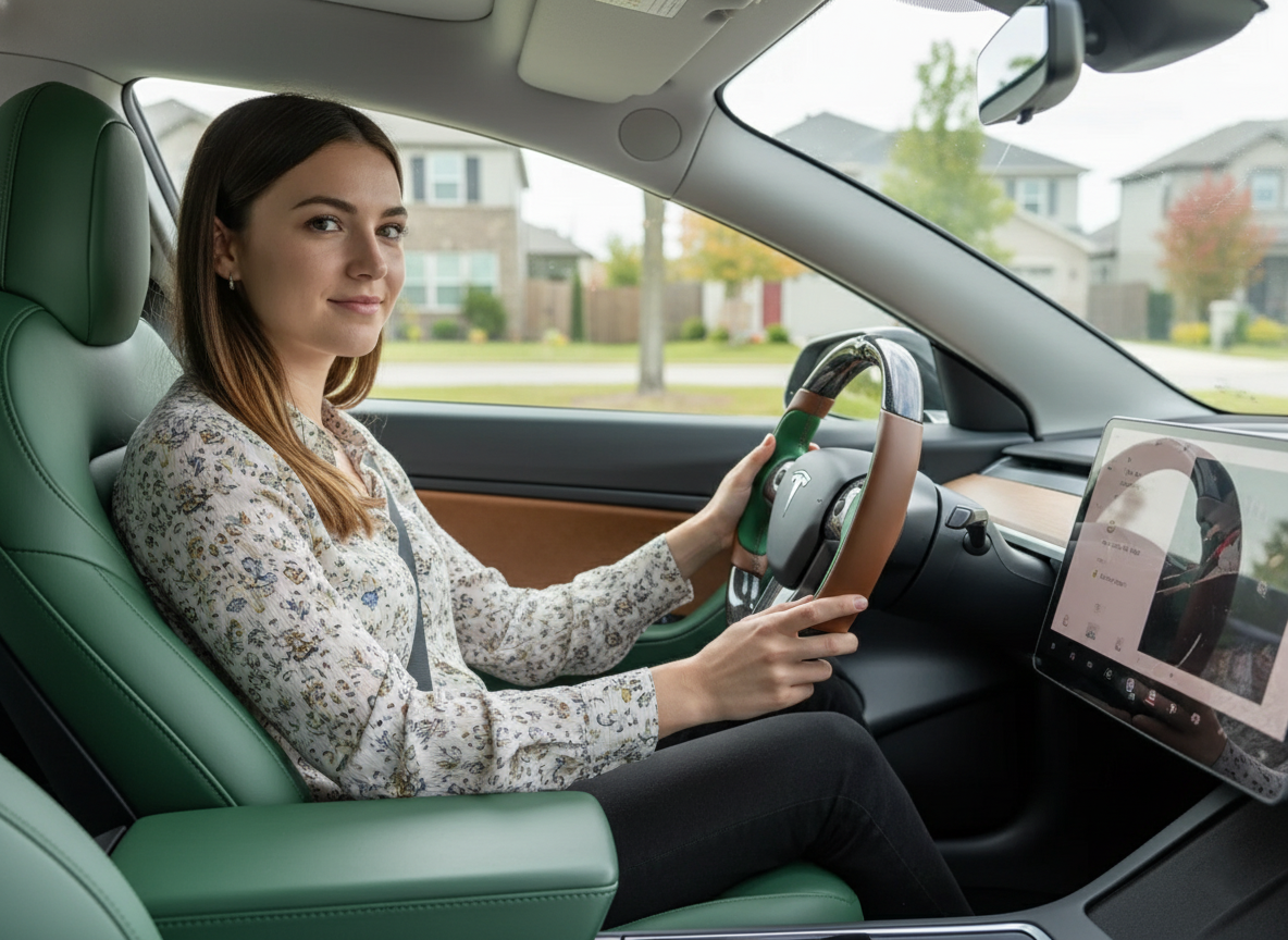 Dark brown and green Carbon Fiber Tesla model 3 Steering Wheel -Track Master(2023.9+) Axeco