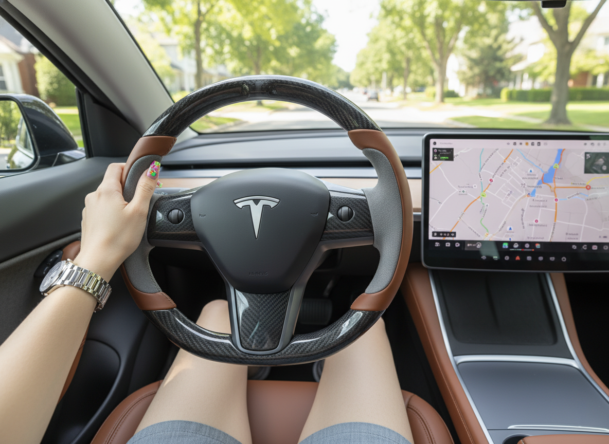 Brown and grey Carbon Fiber Tesla Model Y Steering Wheel-Track Master(2020-2024) Axeco