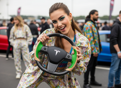 Warm brown and emerald green Carbon Fiber Tesla Model Y Steering Wheel-Track Master(2020-2024) Axeco