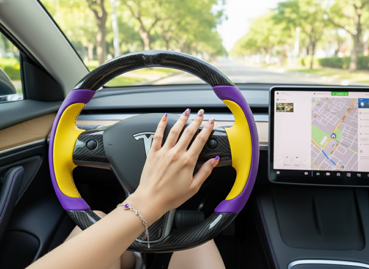 Purple and yellow Carbon Fiber Tesla model 3 Steering Wheel -Track Master(2023.9+) Axeco
