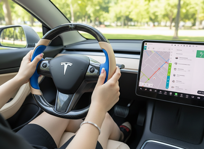 Light white and bright blue Carbon Fiber Tesla model 3 Steering Wheel -Track Master(2023.9+) Axeco