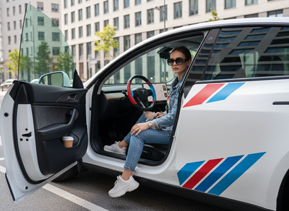 Red and bright blue Carbon Fiber Tesla Model Y Steering Wheel-Track Master(2020-2024) Axeco