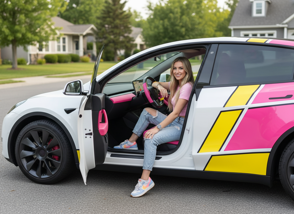 Yellow and pink Carbon Fiber Tesla Model Y Steering Wheel-Track Master(2020-2024) Axeco