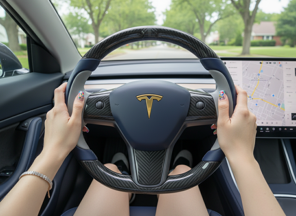 Deep sea blue and silver gray Carbon Fiber Tesla model 3 Steering Wheel -Track Master(2023.9+) Axeco