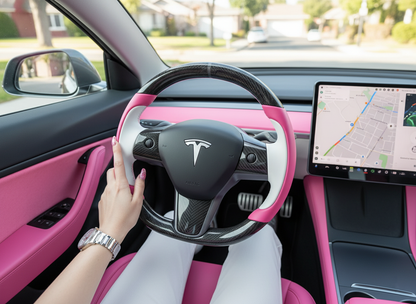 Pink-white Tesla Model 3 Carbon Fiber Steering Wheel-Track Master(2017-2023.8) Axeco