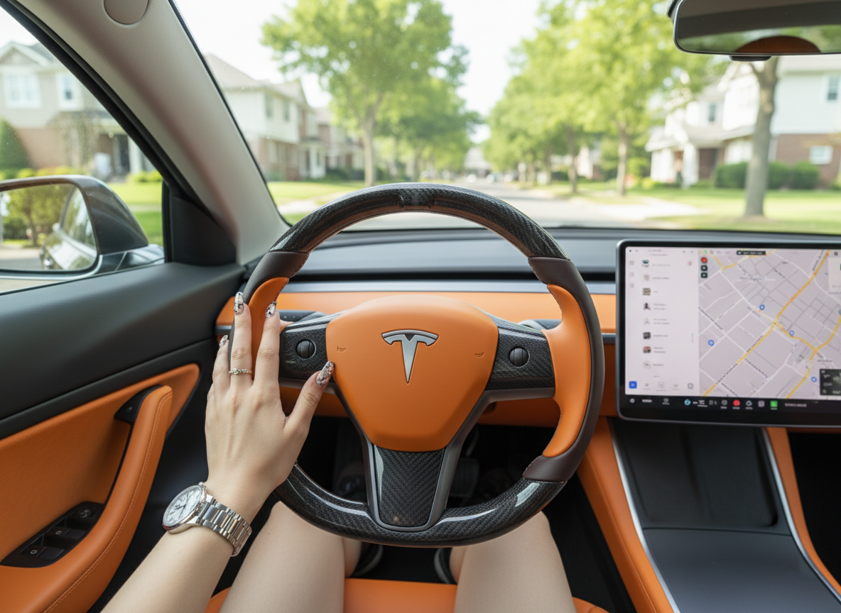 Brown-Orange Tesla Model 3 Carbon Fiber Steering Wheel-Track Master(2017-2023.8) Axeco