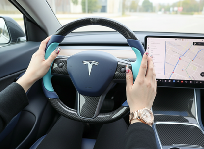 Deep blue and mint greenCarbon Fiber Tesla Model Y Steering Wheel-Track Master(2020-2024) Axeco