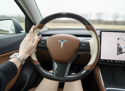Brown and off-white Carbon Fiber Tesla Model Y Steering Wheel-Track Master(2020-2024) Axeco