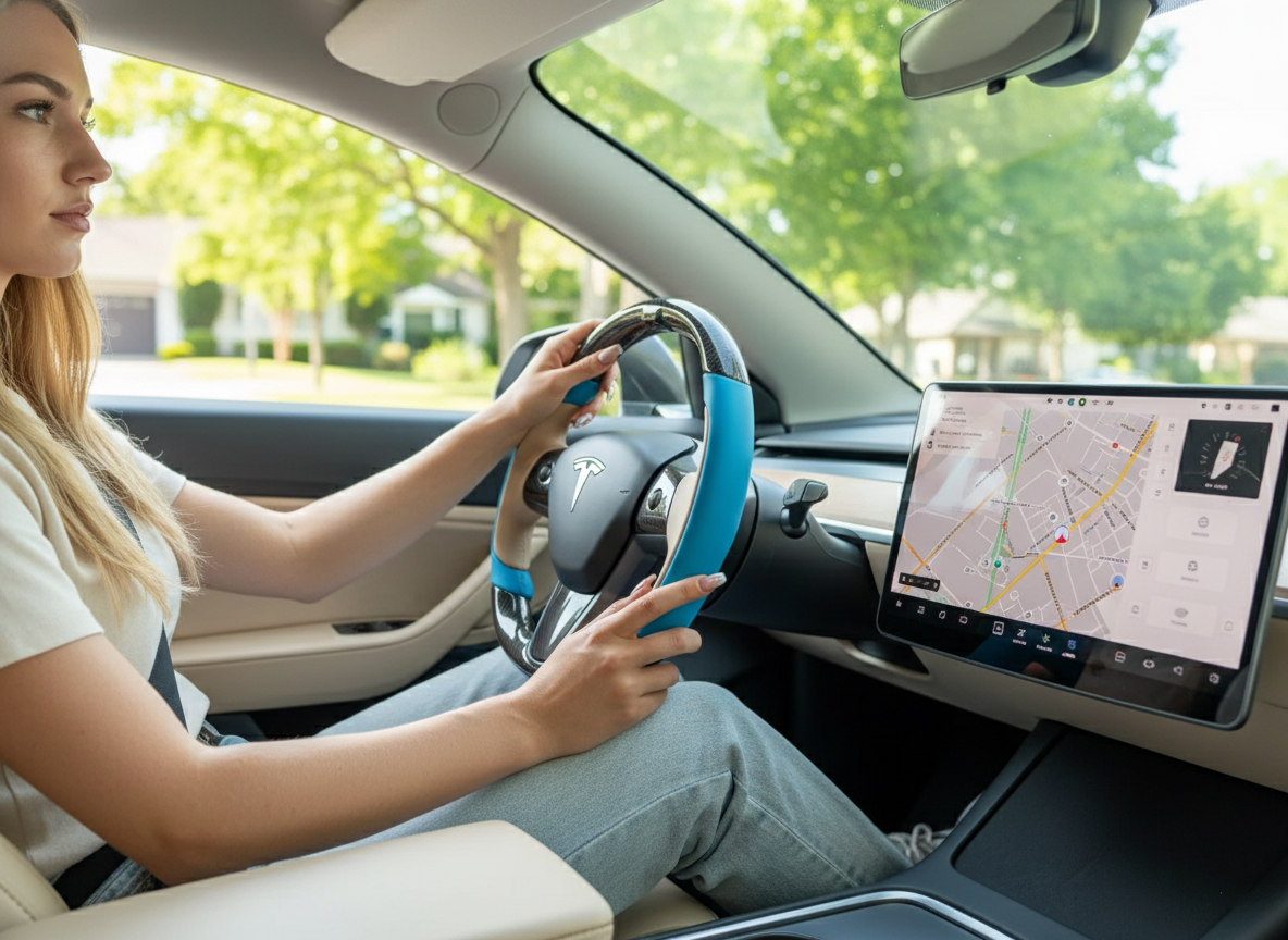 Blue and beige Carbon Fiber Tesla model 3 Steering Wheel -Track Master(2023.9+) Axeco