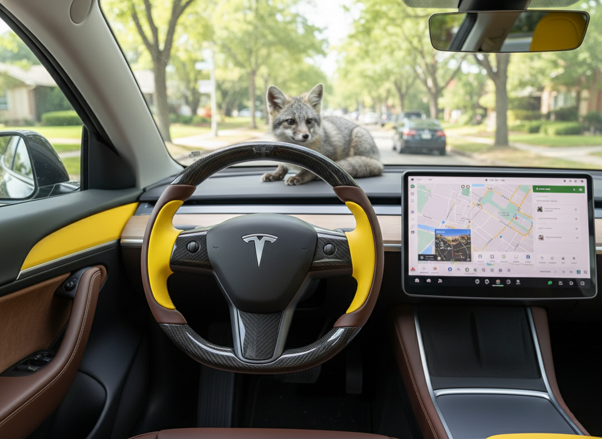 Yellow and brown Carbon Fiber Tesla Model Y Steering Wheel-Track Master(2020-2024) Axeco