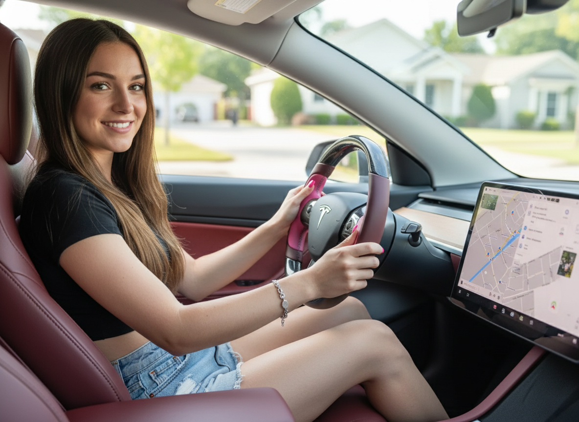 Dark Brown-Pink Carbon Fiber Tesla model 3 Steering Wheel -Track Master(2023.9+) Axeco