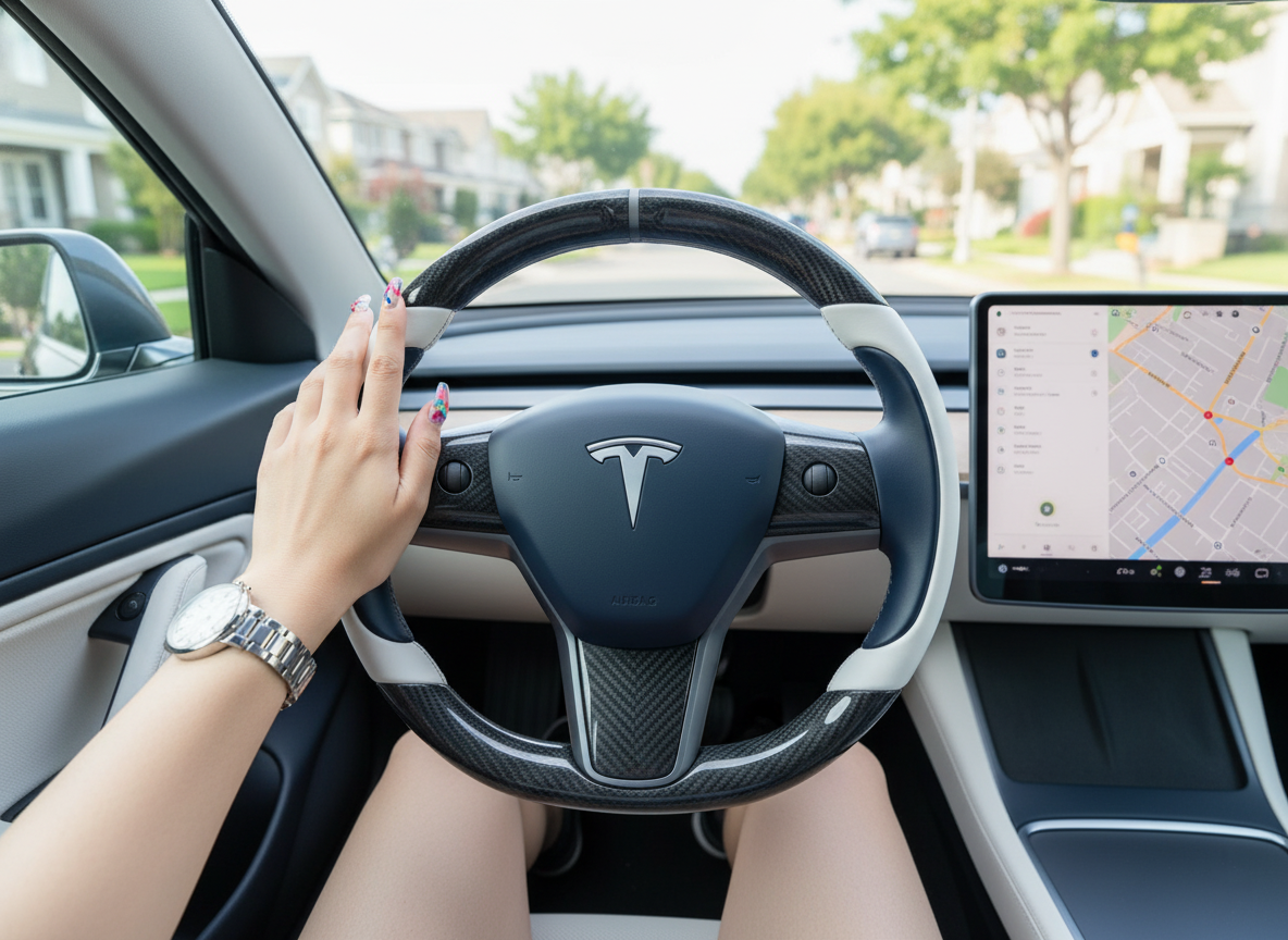 White-Dark blue Tesla Model 3 Carbon Fiber Steering Wheel-Track Master(2017-2023.8) Axeco