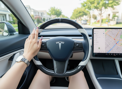 White-Dark blue Tesla Model 3 Carbon Fiber Steering Wheel-Track Master(2017-2023.8) Axeco