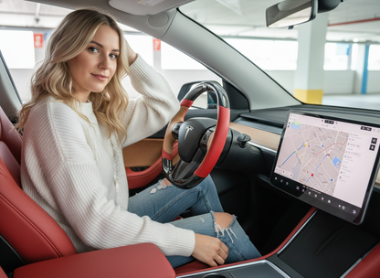 Bright red and warm brown Carbon Fiber Tesla Model Y Steering Wheel-Track Master(2020-2024) Axeco