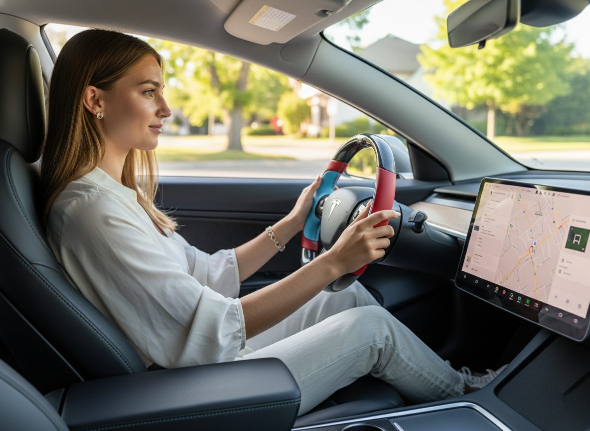 Bright red and light blue Carbon Fiber Tesla model 3 Steering Wheel -Track Master(2023.9+) Axeco