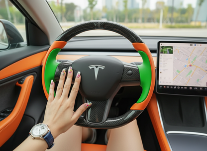 Bright orange and emerald green Carbon Fiber Tesla Model Y Steering Wheel-Track Master(2020-2024) Axeco