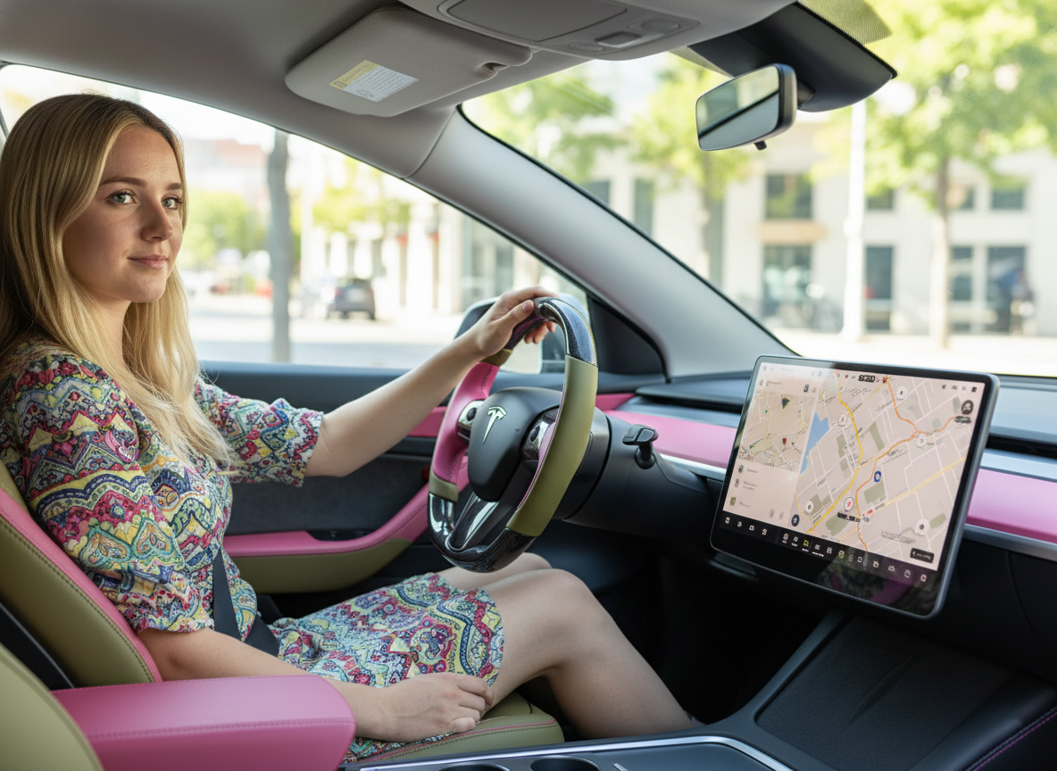 Pink and olive green Carbon Fiber Tesla Model Y Steering Wheel-Track Master(2020-2024) Axeco