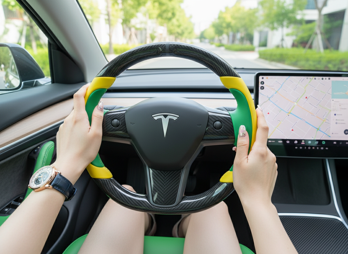 Bright yellow and emerald green Carbon Fiber Tesla Model Y Steering Wheel-Track Master(2020-2024) Axeco