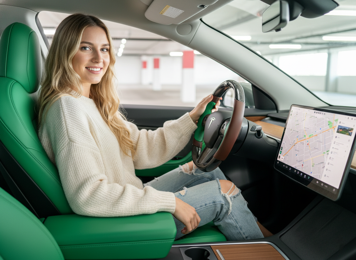 Brownish and emerald green Carbon Fiber Tesla Model Y Steering Wheel-Track Master(2020-2024) Axeco