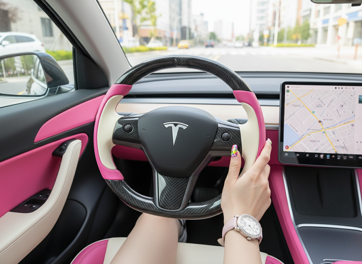Bright pink and warm white Carbon Fiber Tesla Model Y Steering Wheel-Track Master(2020-2024) Axeco