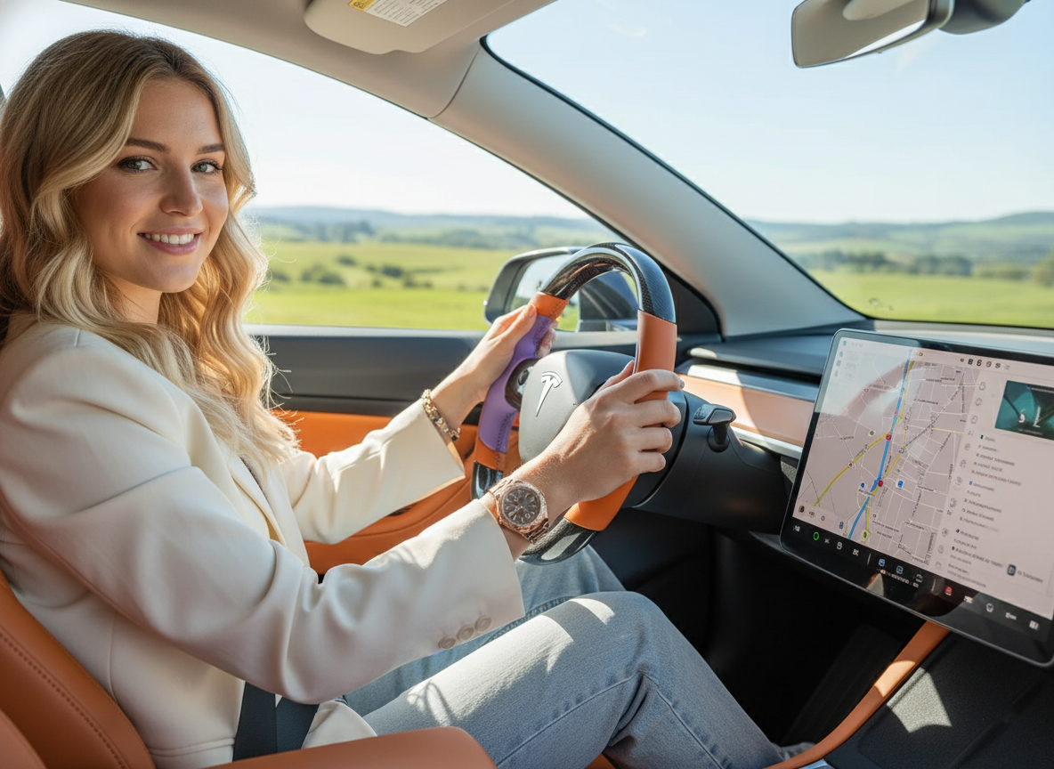 Bright orange and light purple Carbon Fiber Tesla Model Y Steering Wheel-Track Master(2020-2024) Axeco
