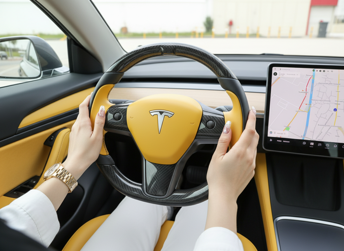 Yellow Tesla Model 3 Carbon Fiber Steering Wheel-Track Master(2017-2023.8) Axeco