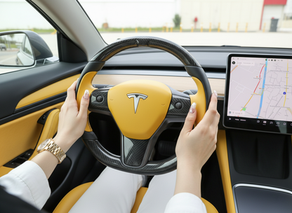 Yellow Tesla Model 3 Carbon Fiber Steering Wheel-Track Master(2017-2023.8) Axeco